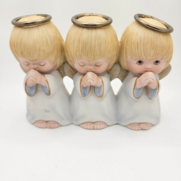 Other - Vintage Triple Praying Angel Figurine Gold Halo Cherubs Blue White 4" Religious